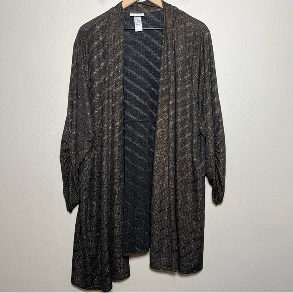 Catherines Women Cardigan‎ 3X Black Gold Ruched 3/4 Sleeve Stripe Stretch Casual - Picture 1 of 5